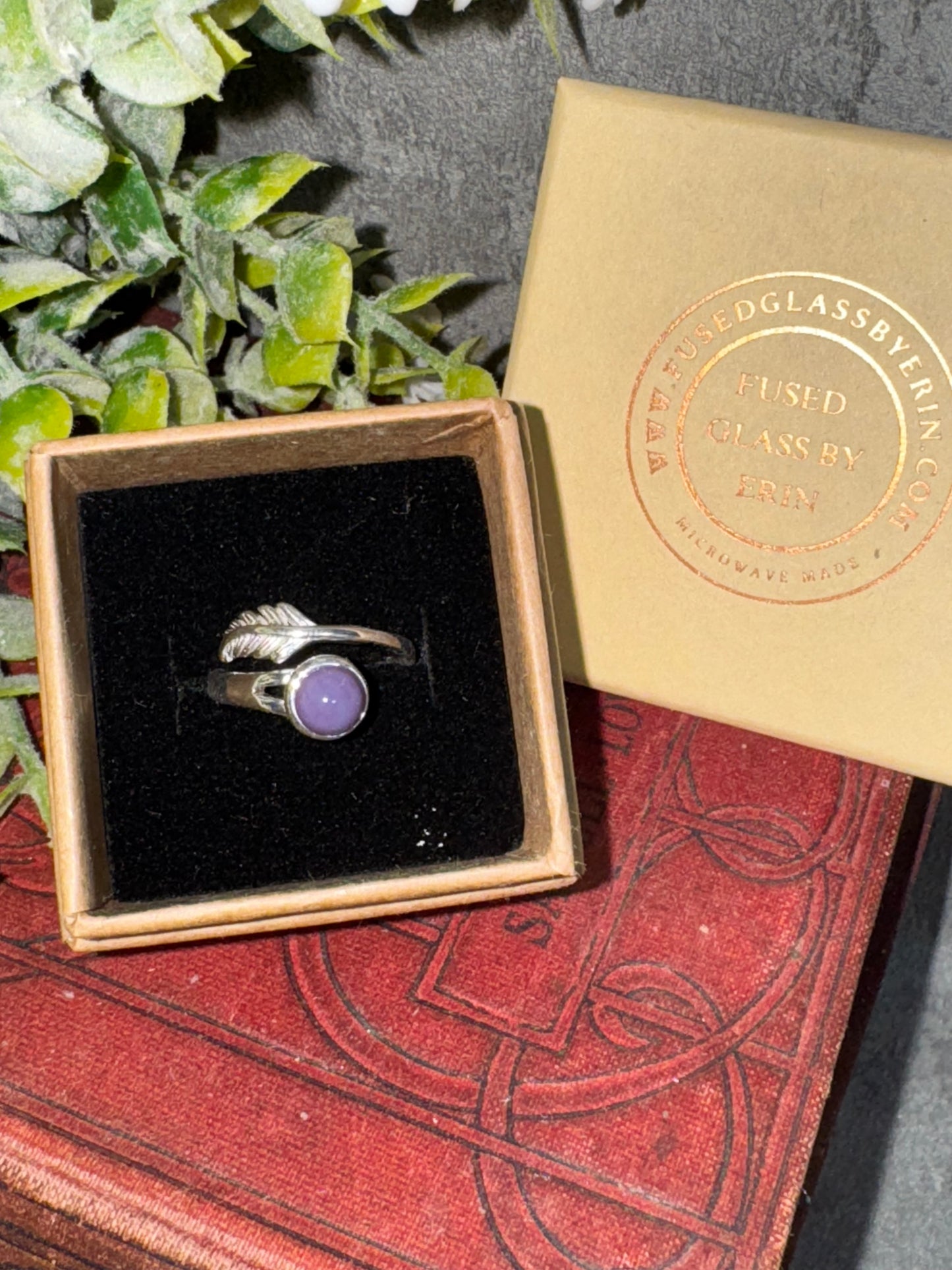 Sterling silver adjustable feather ring with handmade fused glass cabochon