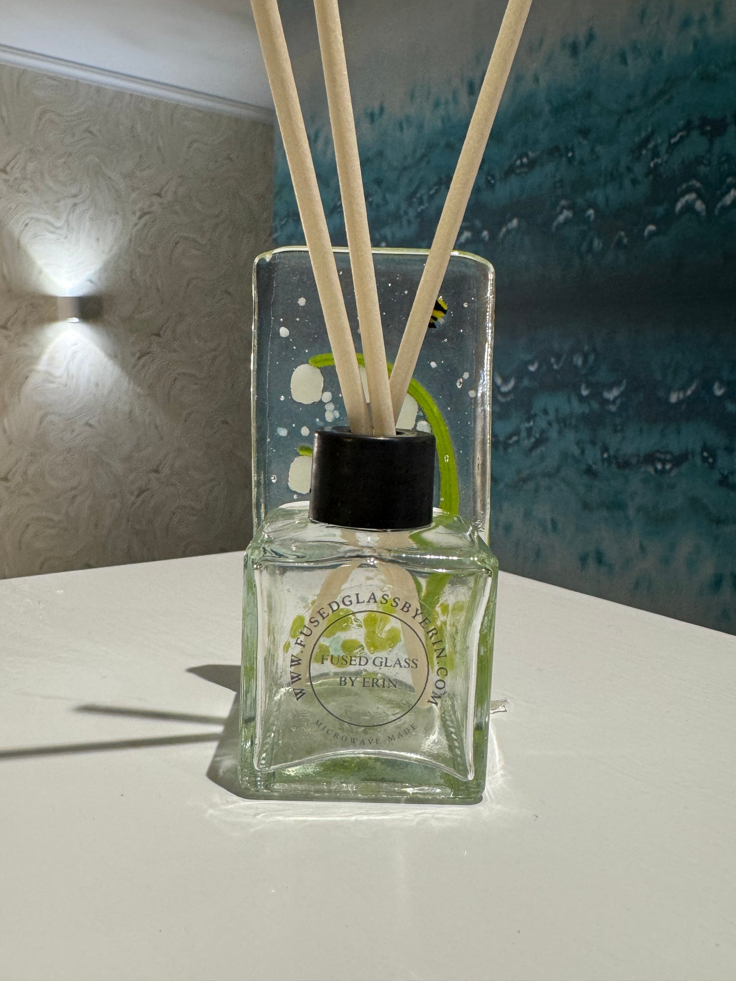 Fused glass snow drop reed diffuser bottle