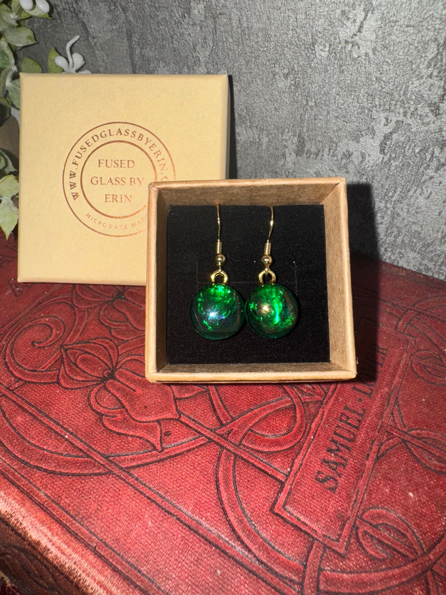 Fused glass drop earrings gold plated over 925 sterling silver hooks