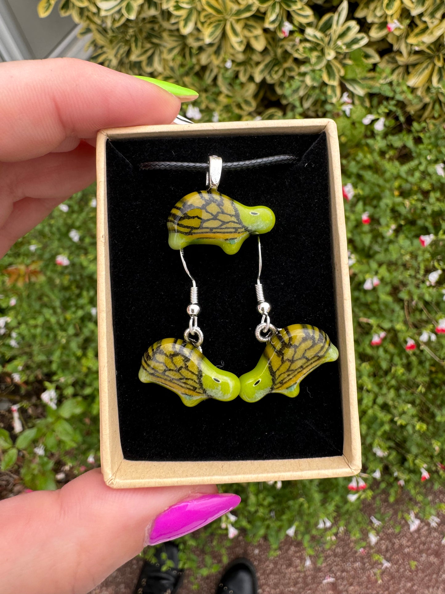 Fused glass turtle pendant and earrings