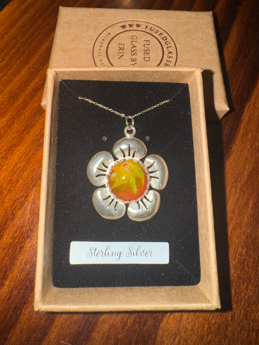 “My flower” sterling silver flower pendant with handmade glass cabochon & 18 sterling silver trace chain