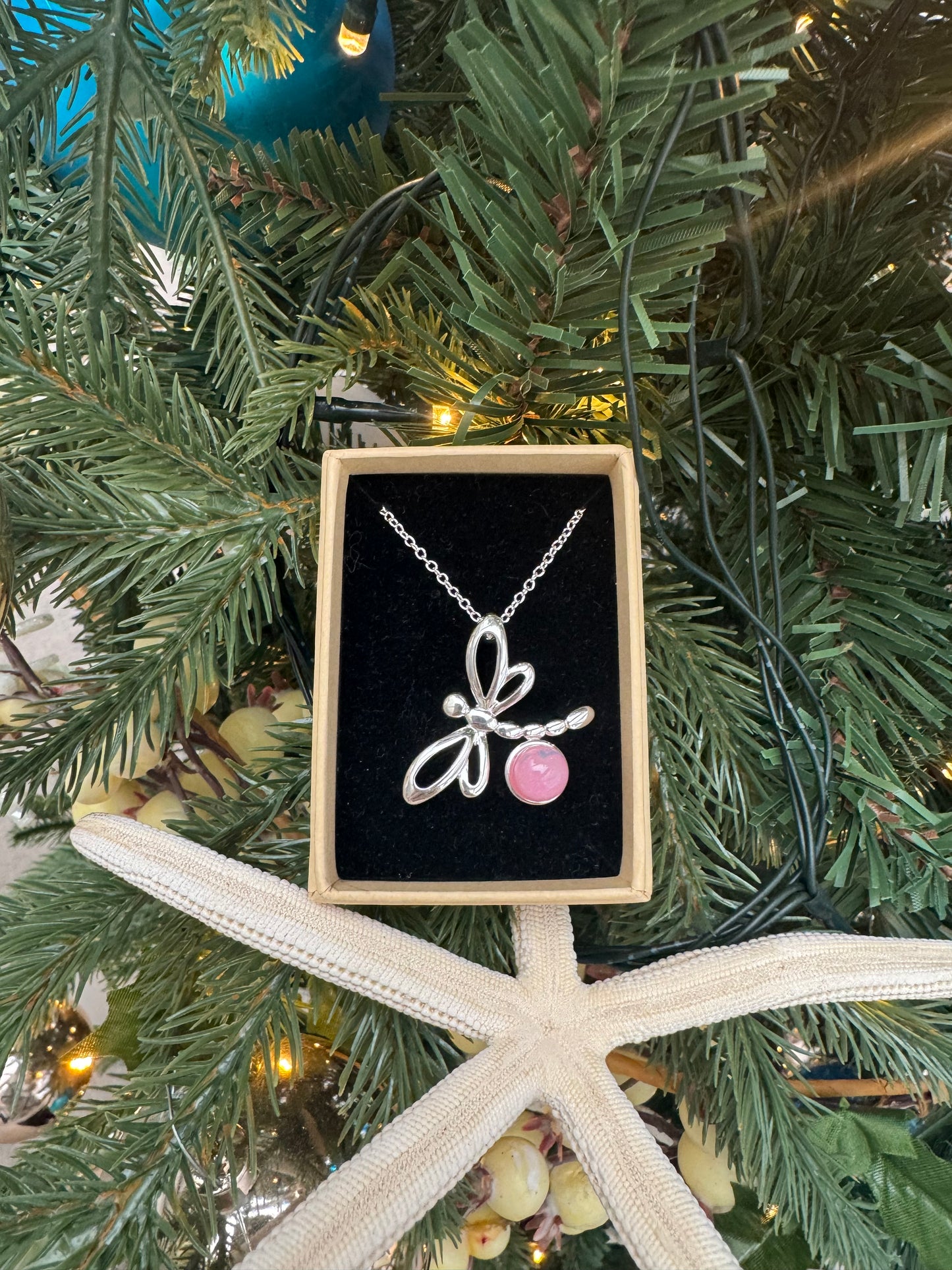 Pink glass dragonfly pendant