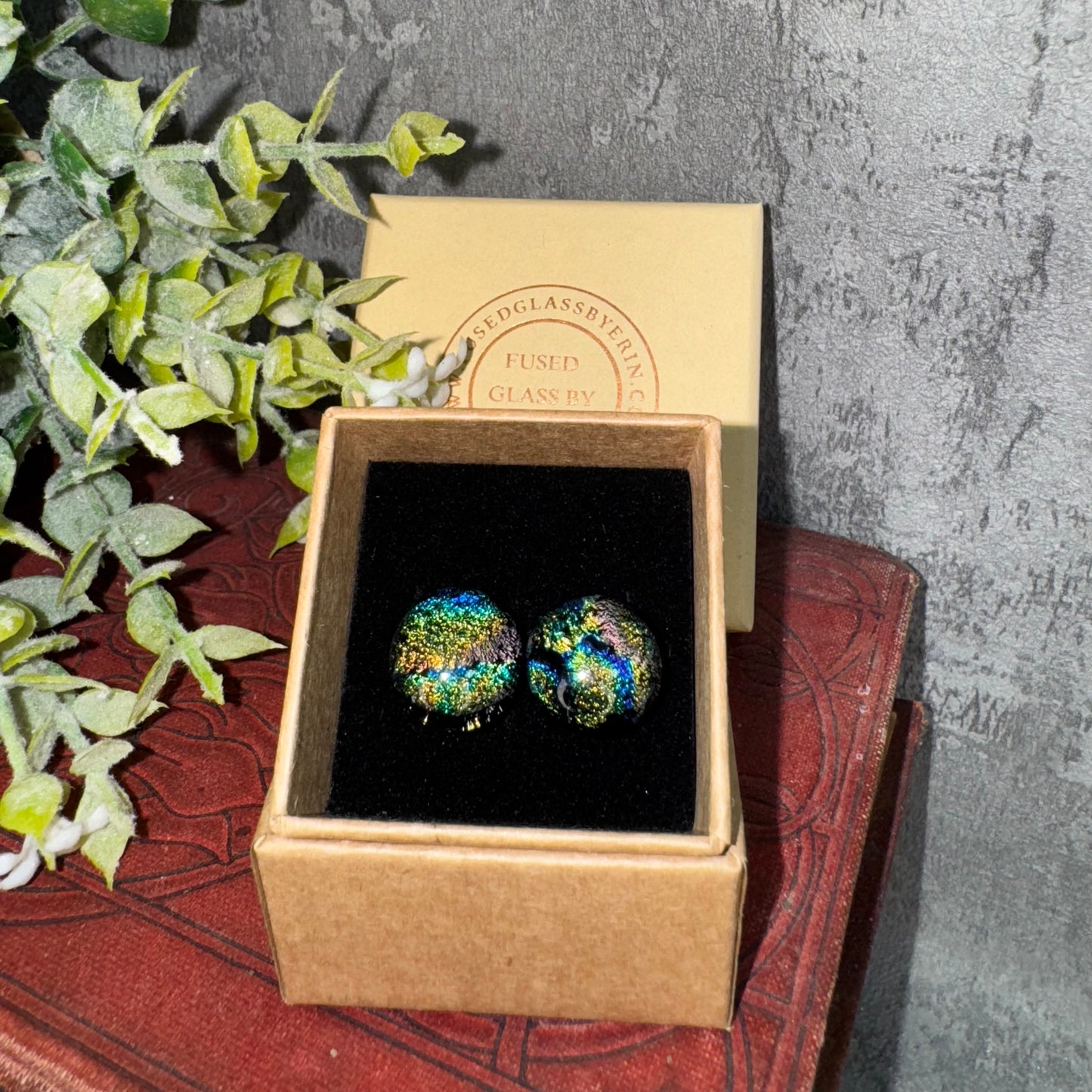 Fused glass stud earrings on stainless steel posts with butterfly backs