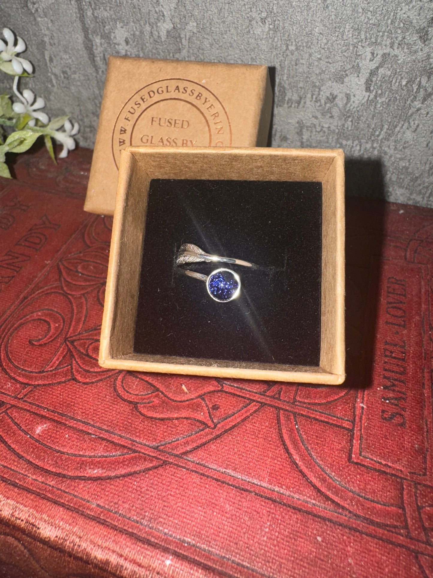 Sterling silver adjustable feather ring with handmade fused glass cabochon