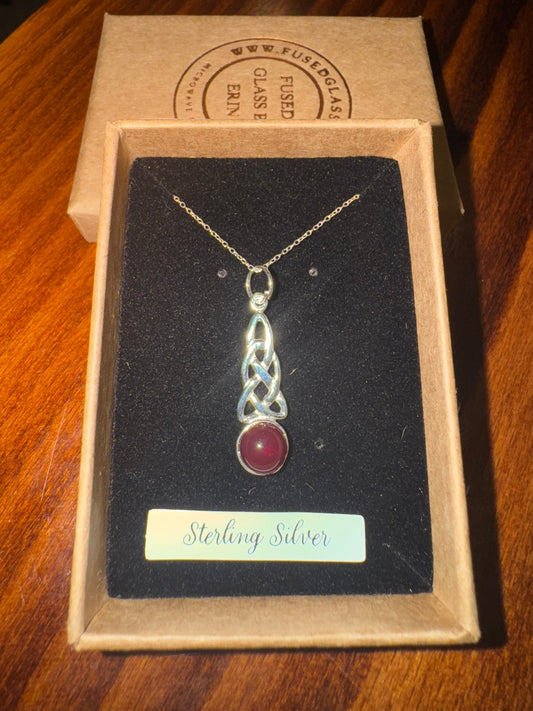 “Celtic dreams” dainty sterling silver drop pendant with handmade glass made glass cabochon & 925 sterling silver trace chain