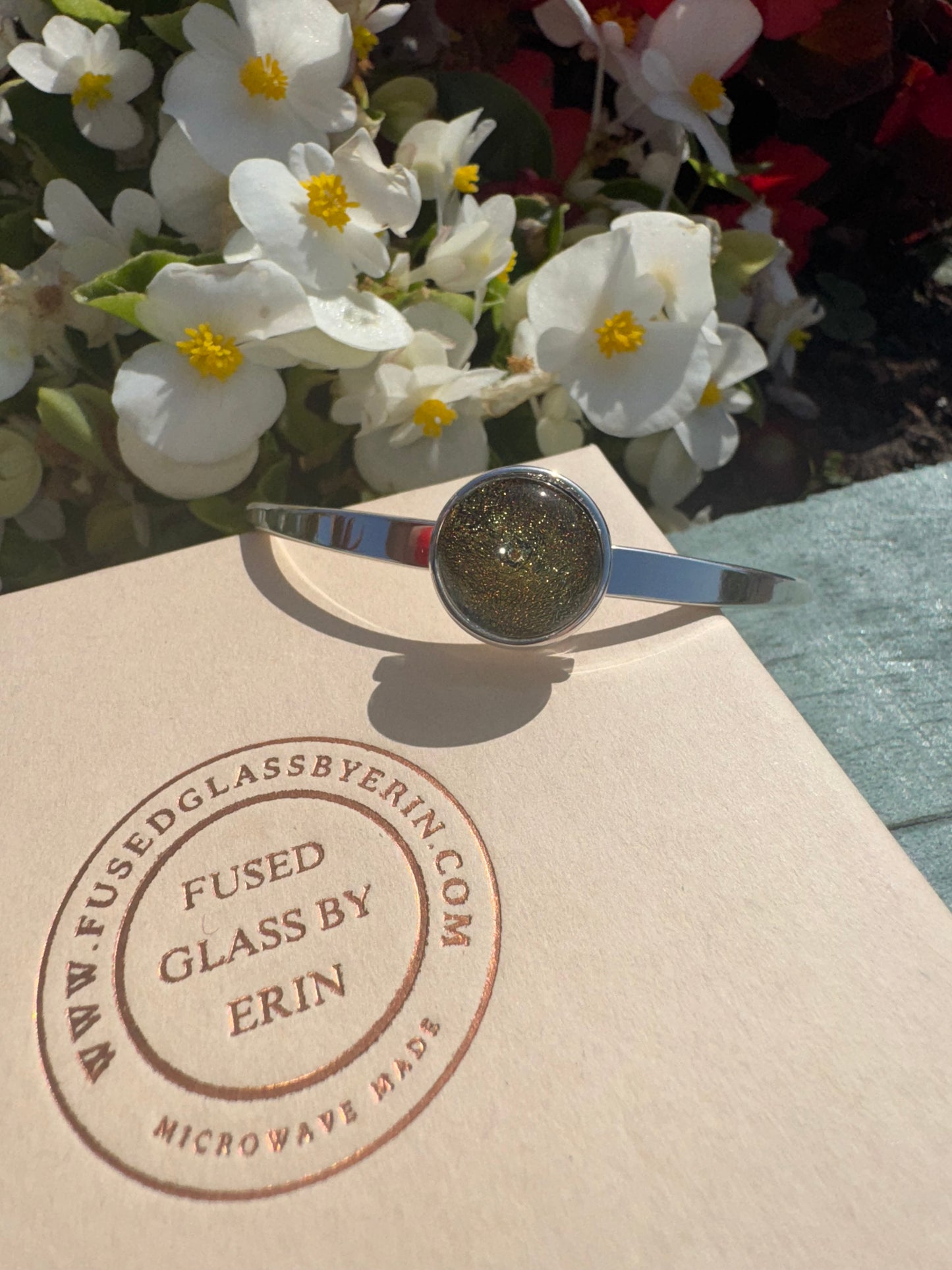 Heavy silver plated bangle with handmade 15mm glass cabochon