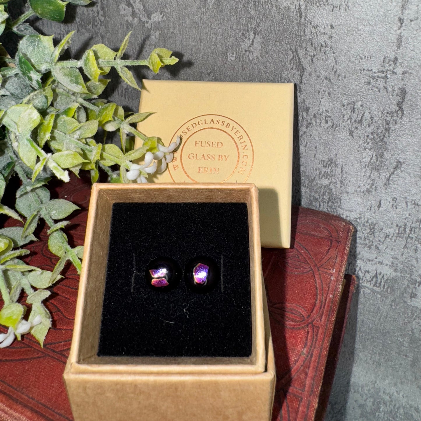 Fused glass stud earrings on stainless steel posts with butterfly backs