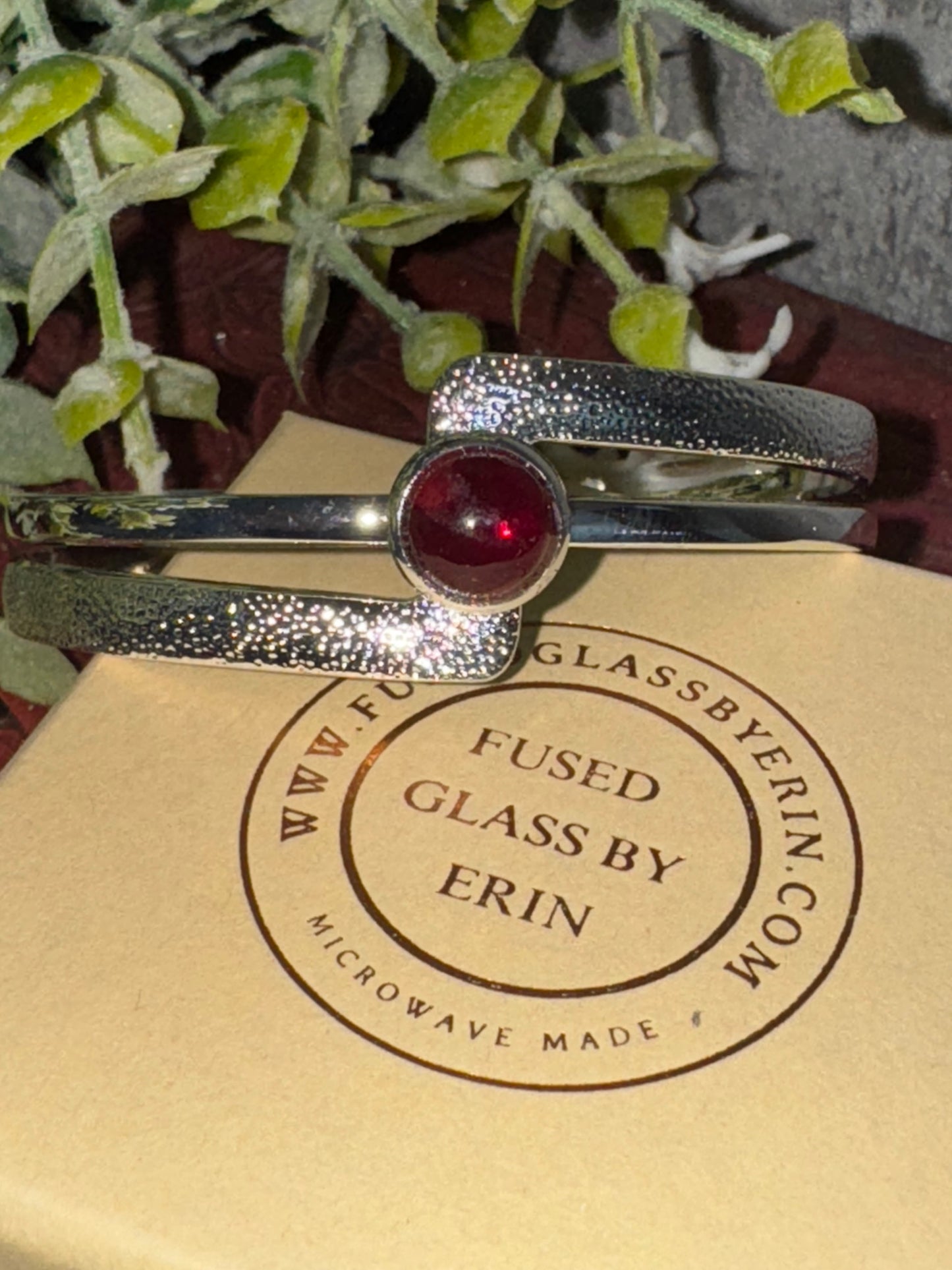 Heavy silver plated bangle with handmade 8mm glass cabochon (crackle finish)