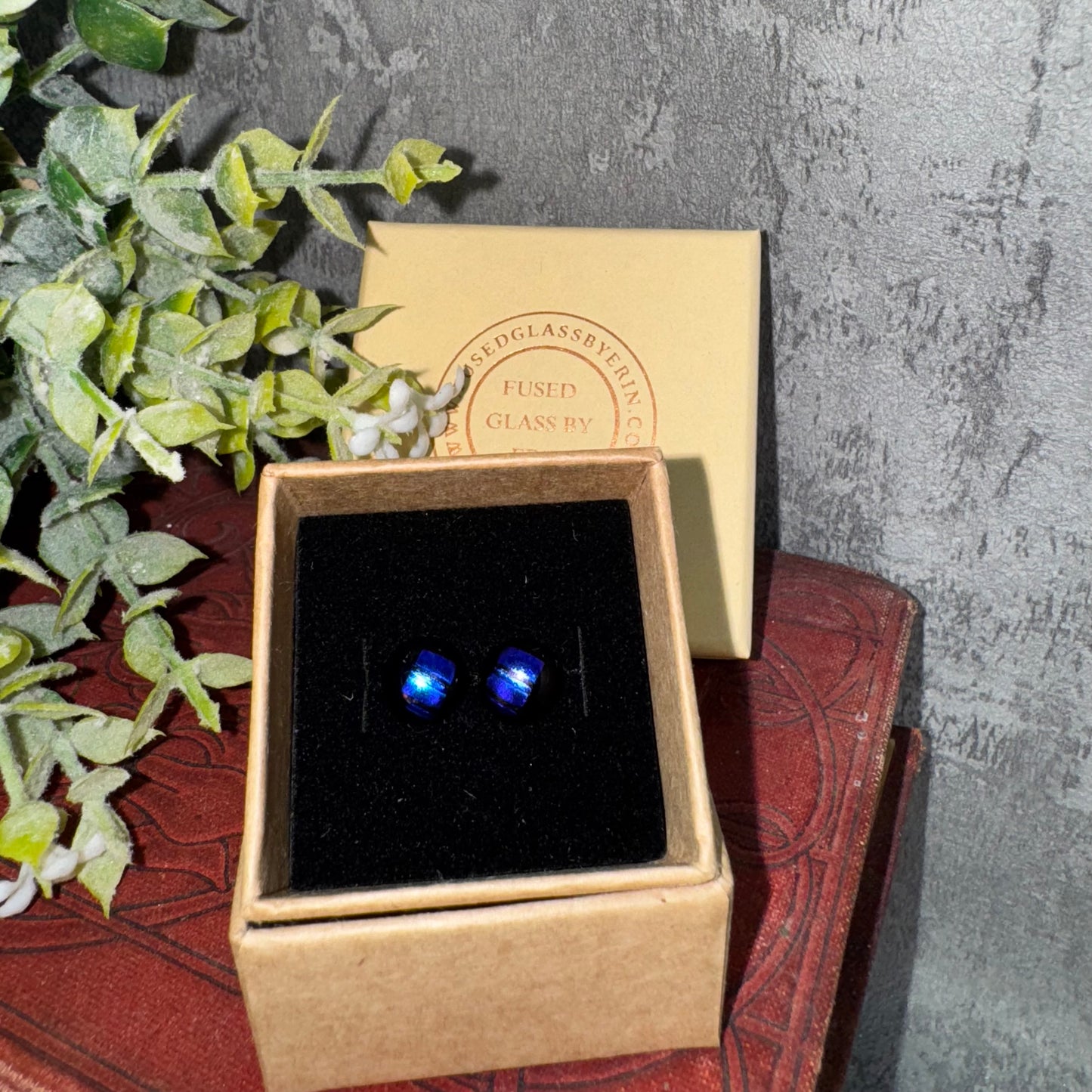 Fused glass stud earrings on stainless steel posts with butterfly backs