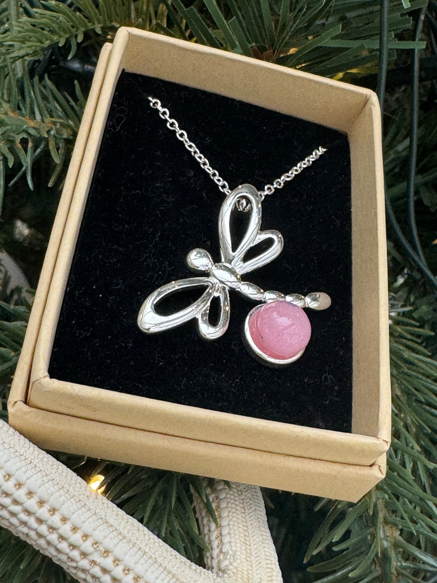 Pink glass dragonfly pendant