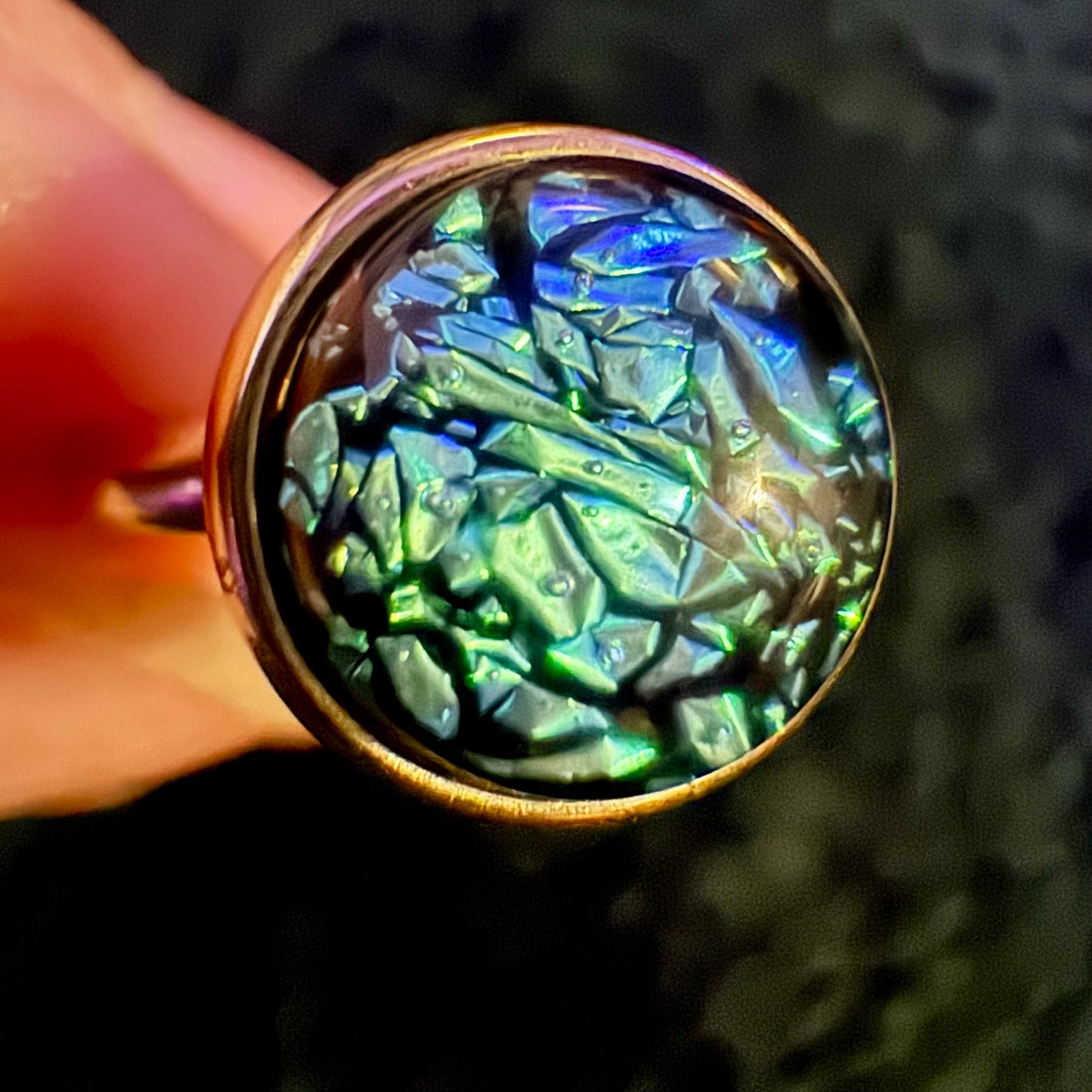 “Premium” 9ct Solid gold ring with hand crafted fused glass cabochon