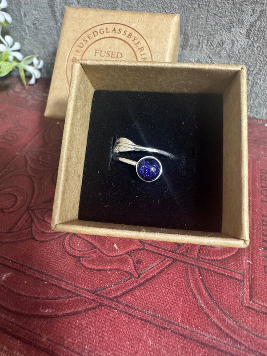 Sterling silver adjustable feather ring with handmade fused glass cabochon