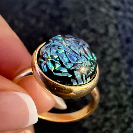 “Premium” 9ct Solid gold ring with hand crafted fused glass cabochon