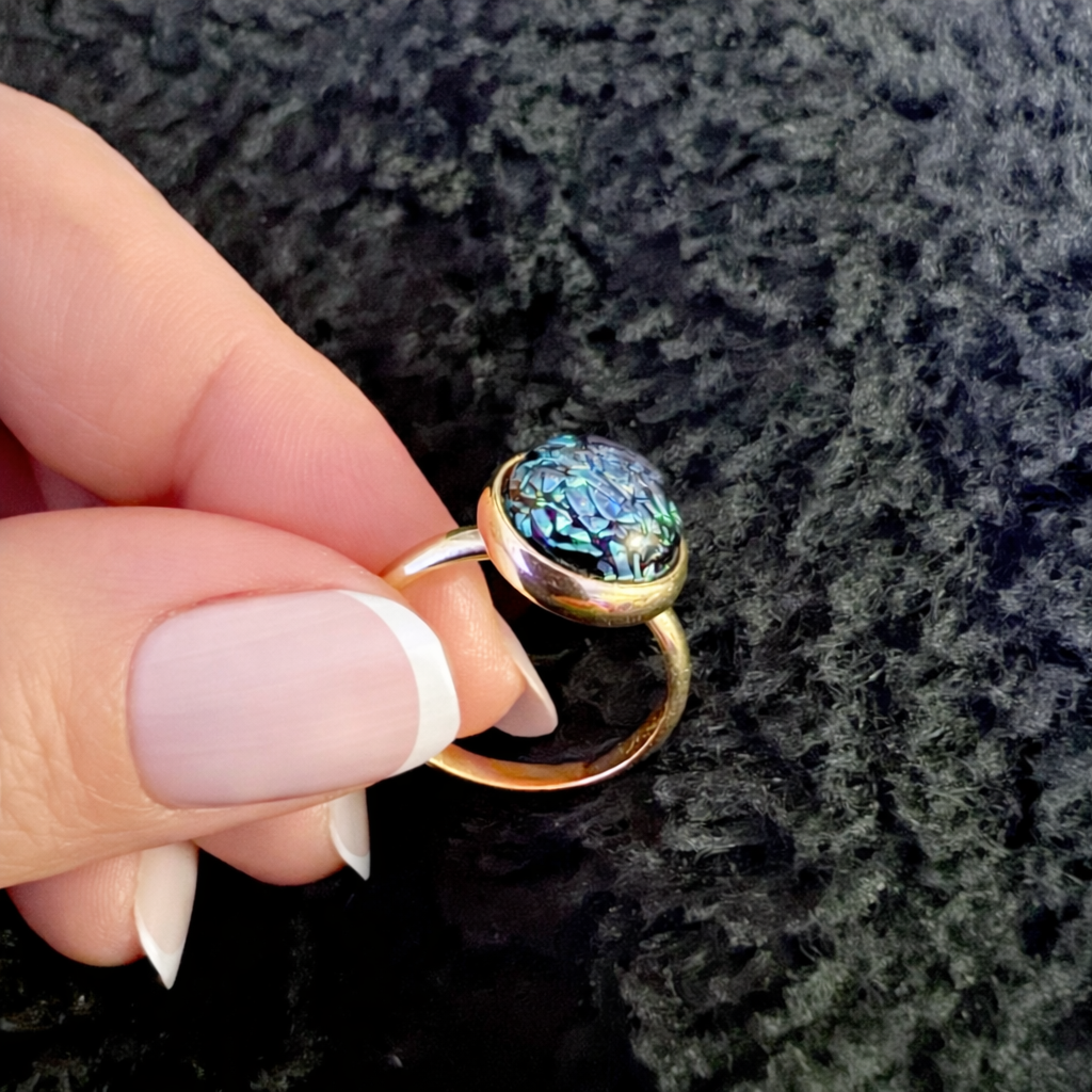 “Premium” 9ct Solid gold ring with hand crafted fused glass cabochon