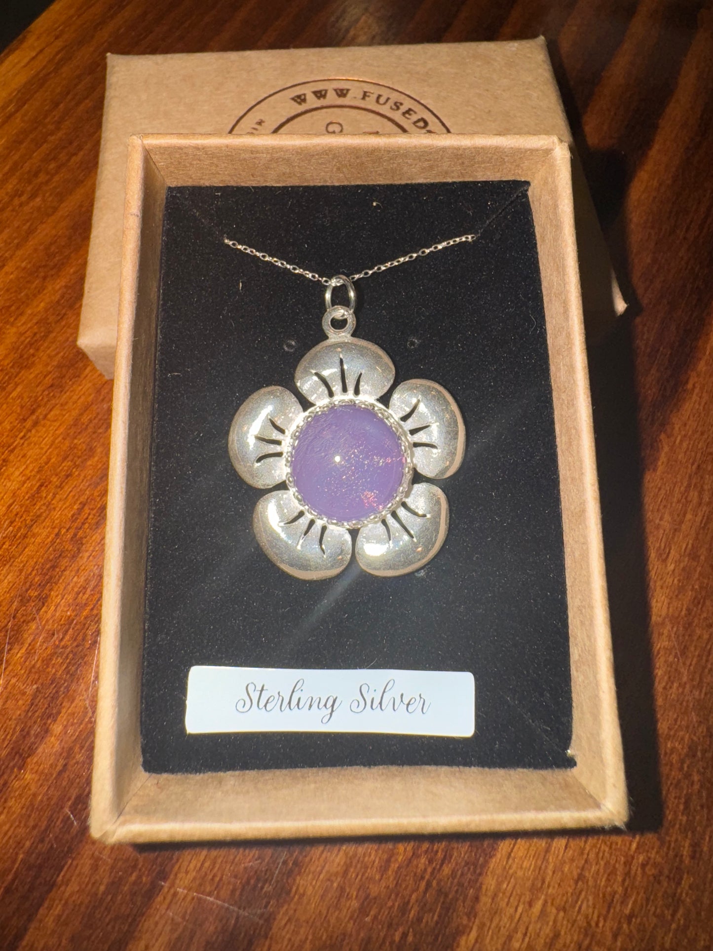 “My flower” sterling silver flower pendant with handmade glass cabochon & 18 sterling silver trace chain
