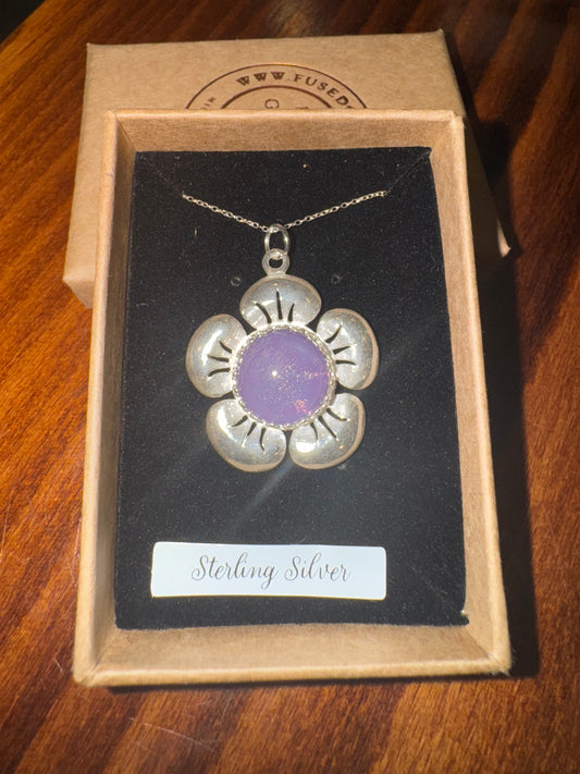 “My flower” sterling silver flower pendant with handmade glass cabochon & 18 sterling silver trace chain