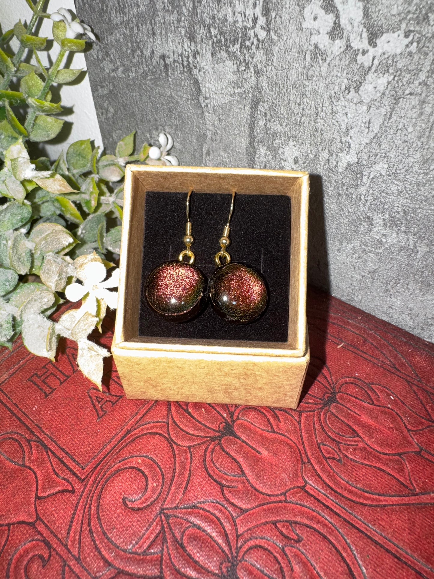 Fused glass drop earrings gold plated over 925 sterling silver hooks
