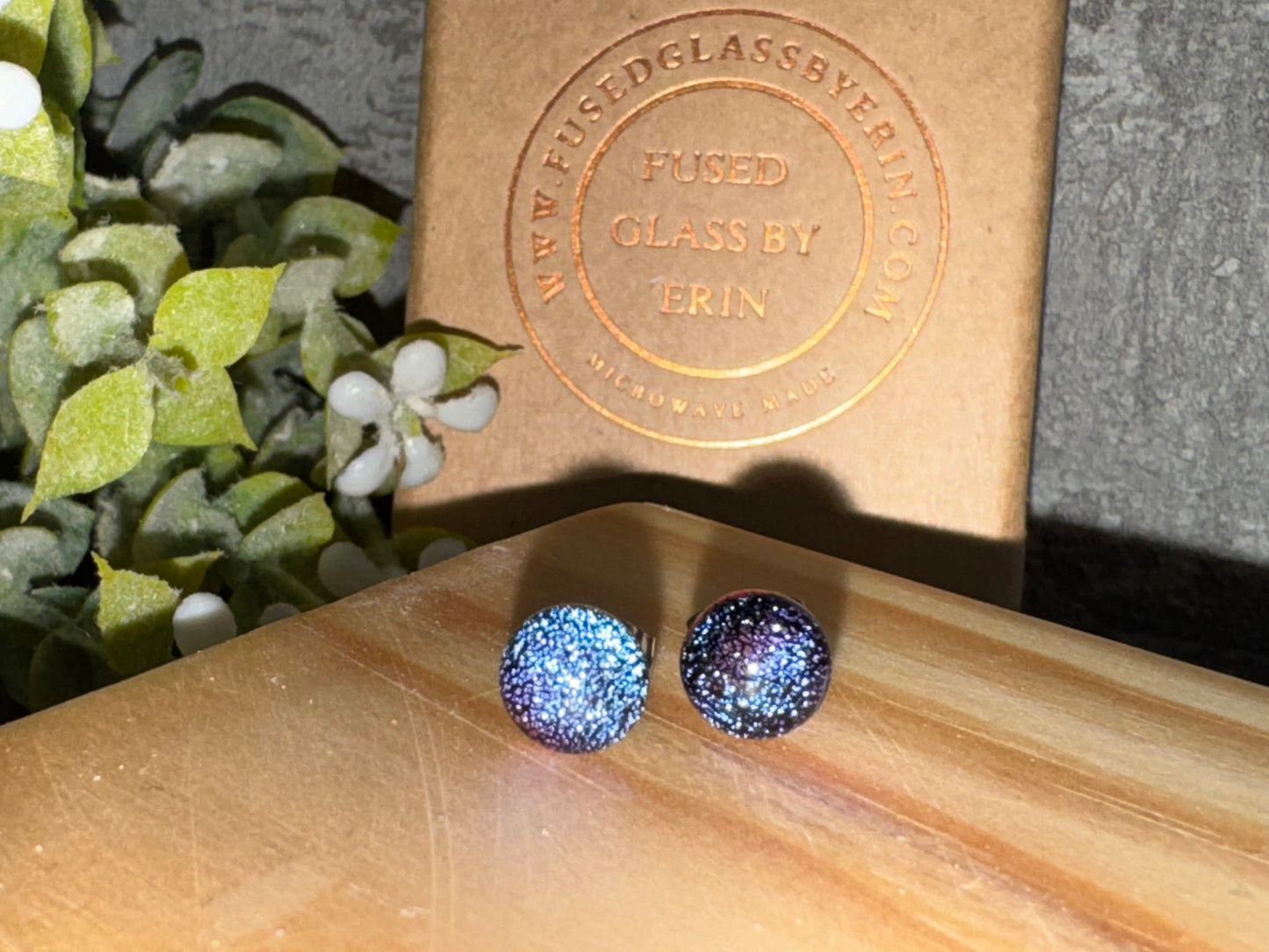 Fused glass stud earrings on stainless steel posts with butterfly backs