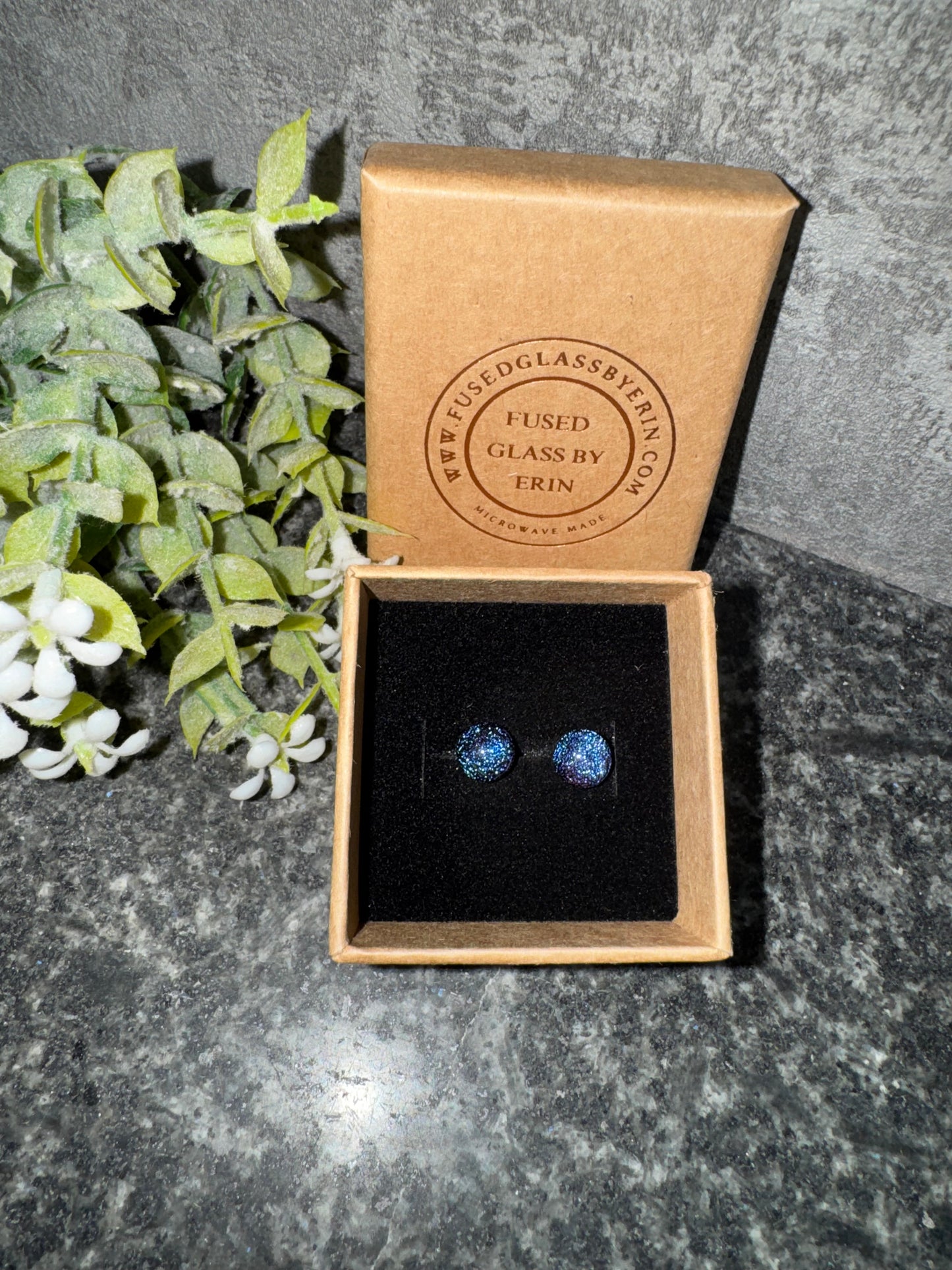 Fused glass stud earrings on stainless steel posts with butterfly backs