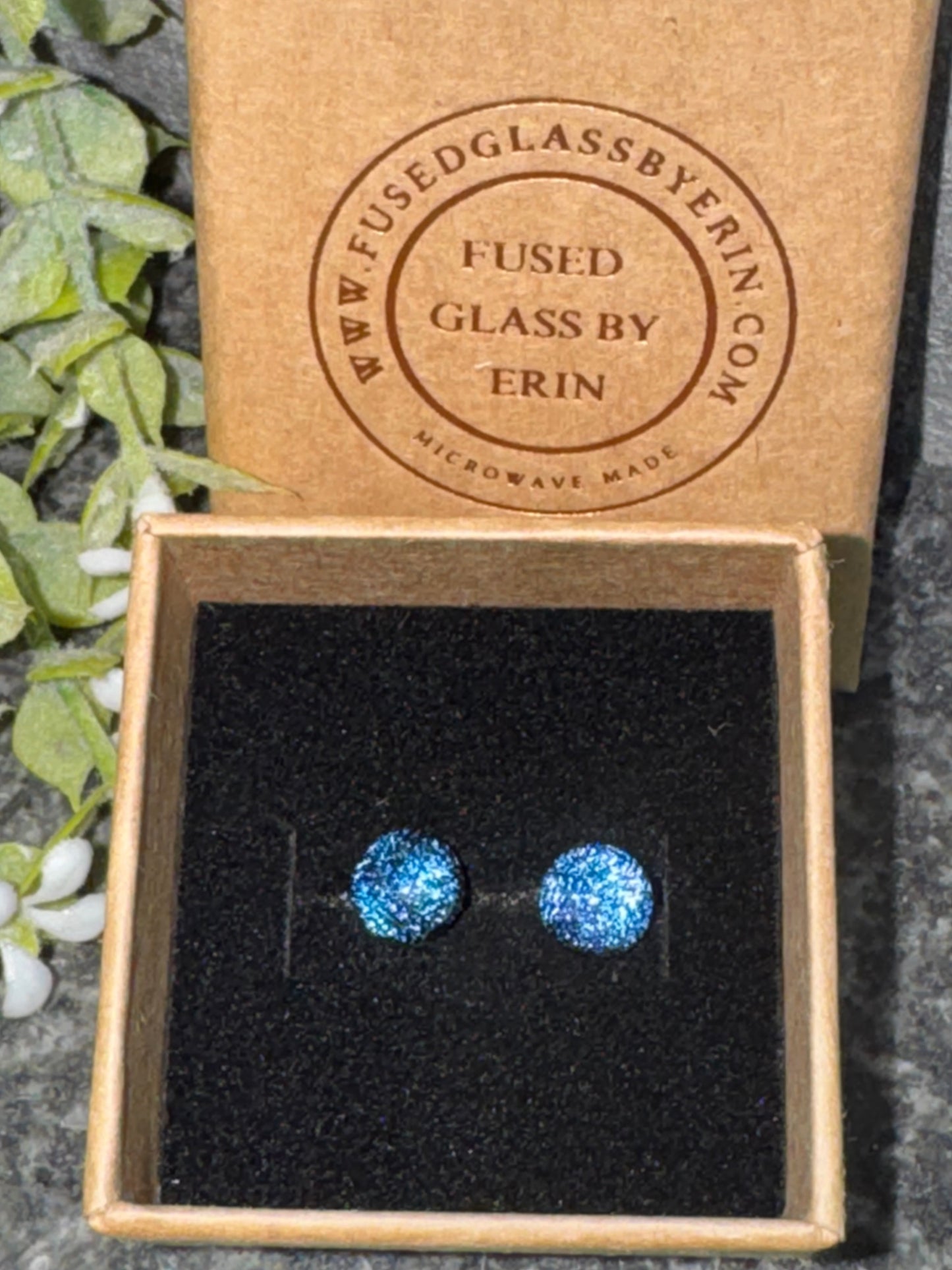 Fused glass stud earrings on stainless steel posts with butterfly backs