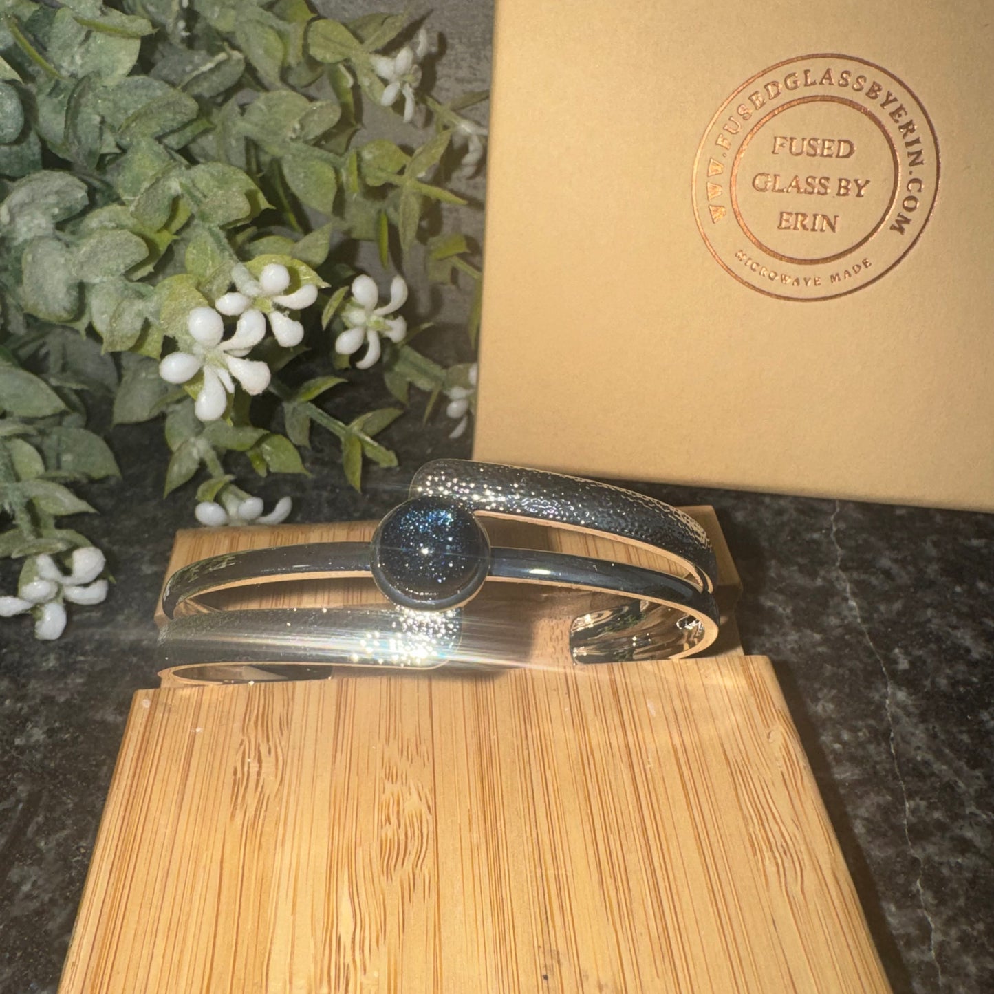 Heavy silver plated bangle with handmade 8mm glass cabochon (crackle finish)
