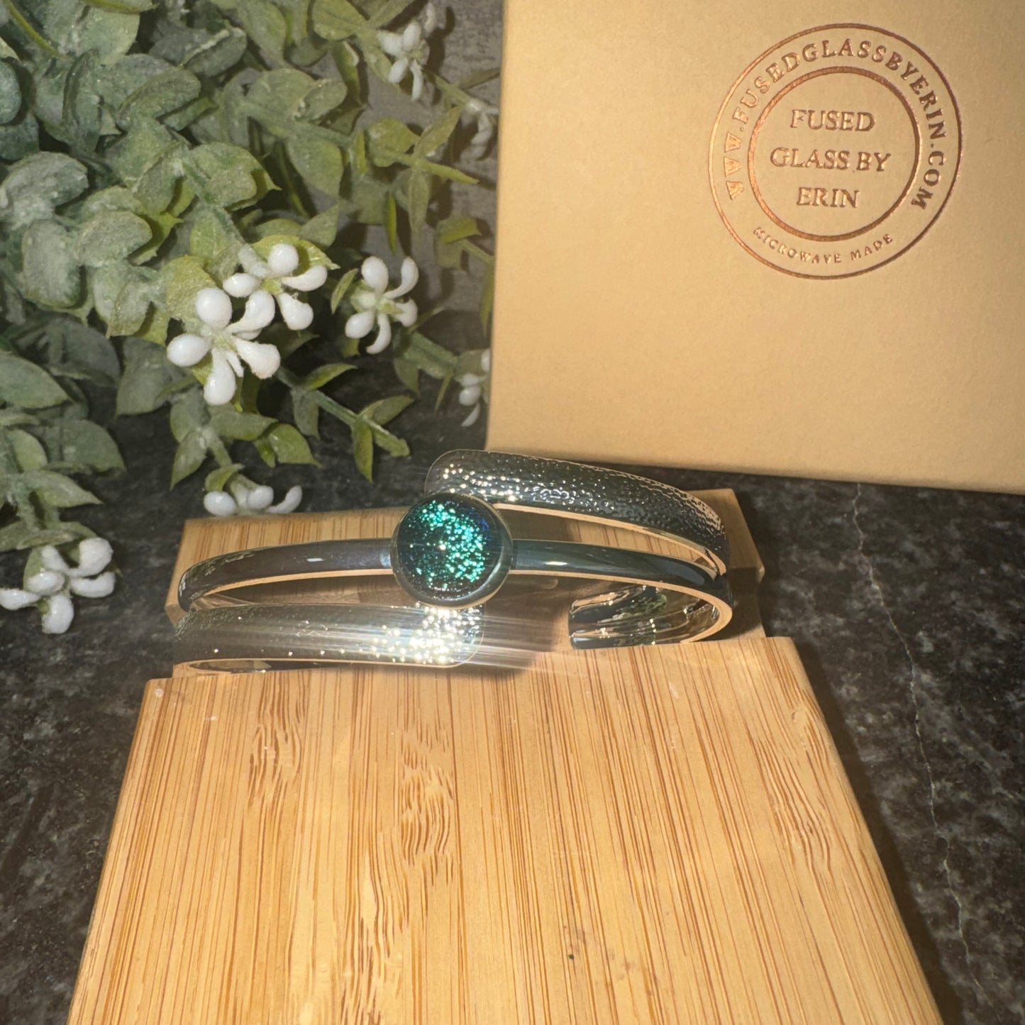 Heavy silver plated bangle with handmade 8mm glass cabochon (crackle finish)